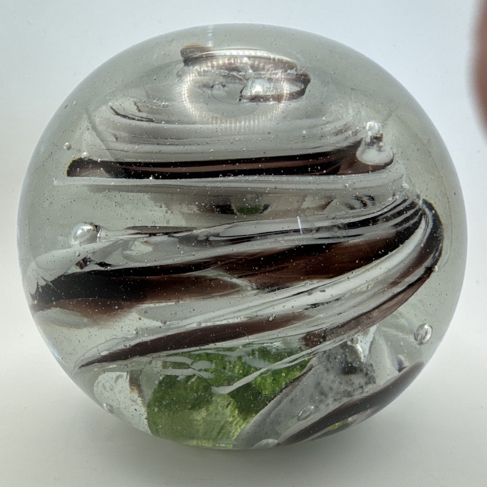 Hand Blown‎ Art Glass Paperweight Clear Swirl Ribbon Bubble Studio Glass